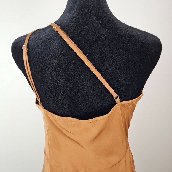 Pretty Garden One-Shoulder Midi Dress Brown Satin Size Medium Party Wedding Chic - Picture 5 of 9